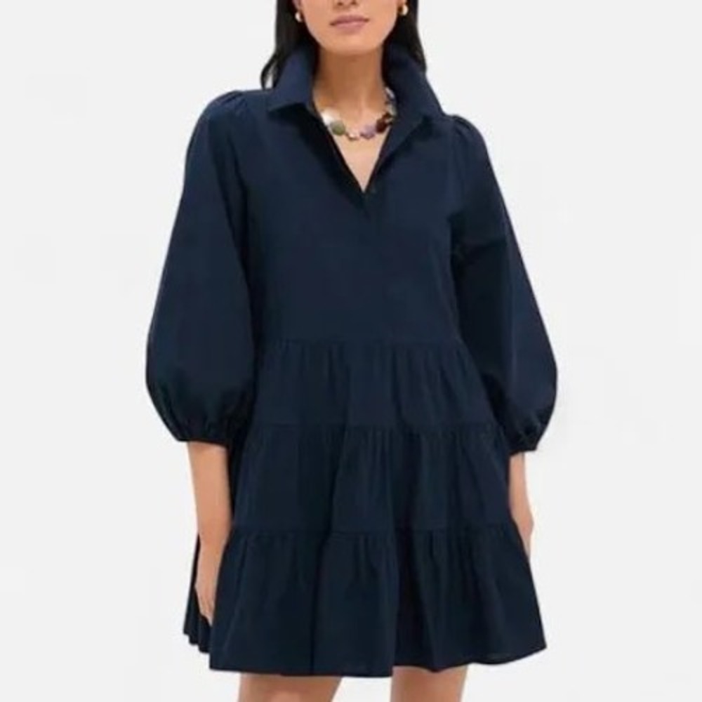 Tuckernuck Pomander Place Navy Blue Tiered Mini Shirt Dress, Pockets Size M